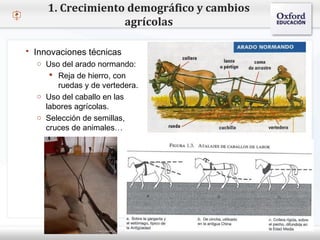 – Haga clic para modificar el estilo de texto del patrón
 Segundo nivel
o Tercer nivel
 Cuarto nivel
 Quinto nivel
1. Crecimiento demográfico y cambios
agrícolas
 Innovaciones técnicas
o Uso del arado normando:
 Reja de hierro, con
ruedas y de vertedera.
o Uso del caballo en las
labores agrícolas.
o Selección de semillas,
cruces de animales…
 