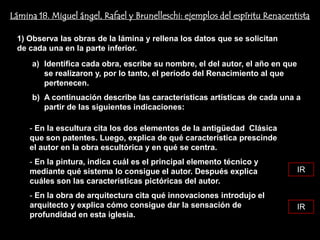 Lámina 18. Miguel ángel, Rafael y Brunelleschi: ejemplos del espíritu Renacentista

 1) Observa las obras de la lámina y rellena los datos que se solicitan
 de cada una en la parte inferior.
      a) Identifica cada obra, escribe su nombre, el del autor, el año en que
         se realizaron y, por lo tanto, el período del Renacimiento al que
         pertenecen.
      b) A continuación describe las características artísticas de cada una a
         partir de las siguientes indicaciones:

     - En la escultura cita los dos elementos de la antigüedad Clásica
     que son patentes. Luego, explica de qué característica prescinde
     el autor en la obra escultórica y en qué se centra.
     - En la pintura, indica cuál es el principal elemento técnico y
     mediante qué sistema lo consigue el autor. Después explica                 IR
     cuáles son las características pictóricas del autor.
     - En la obra de arquitectura cita qué innovaciones introdujo el
     arquitecto y explica cómo consigue dar la sensación de                     IR
     profundidad en esta iglesia.
 