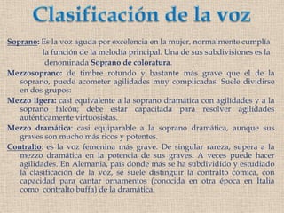 Clasificación de la vozSoprano: Es la voz aguda por excelencia en la mujer, normalmente cumplía la función de la melodía principal. Una de sus subdivisiones es la denominada Soprano de coloratura.Mezzosoprano: de timbre rotundo y bastante más grave que el de la soprano, puede acometer agilidades muy complicadas. Suele dividirse en dos grupos:Mezzo ligera: casi equivalente a la soprano dramática con agilidades y a la soprano falcón; debe estar capacitada para resolver agilidades auténticamente virtuosistas.Mezzo dramática: casi equiparable a la soprano dramática, aunque sus graves son mucho más ricos y potentes.Contralto: es la voz femenina más grave. De singular rareza, supera a la mezzo dramática en la potencia de sus graves. A veces puede hacer agilidades. En Alemania, país donde más se ha subdividido y estudiado la clasificación de la voz, se suele distinguir la contralto cómica, con capacidad para cantar ornamentos (conocida en otra época en Italia como  contralto buffa) de la dramática.