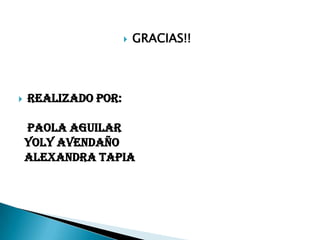    GRACIAS!!



   Realizado por:

    Paola Aguilar
    Yoly Avendaño
    Alexandra Tapia
 