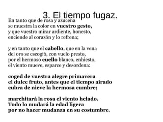 3. El tiempo fugaz.En tanto que de rosa y azucena
se muestra la color en vuestro gesto,
y que vuestro mirar ardiente, honesto,
enciende al corazón y lo refrena;
y en tanto que el cabello, que en la vena
del oro se escogió, con vuelo presto,
por el hermoso cuellocuello blanco, enhiesto,
el viento mueve, esparce y desordena:
coged de vuestra alegre primavera
el dulce fruto, antes que el tiempo airado
cubra de nieve la hermosa cumbre;
marchitará la rosa el viento helado.
Todo lo mudará la edad ligera
por no hacer mudanza en su costumbre.
 