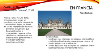EN FRANCIA
Arquitectura:
Castillo de Chambord
Domenico Da Cortona0 / 1539
Características:
• Son trazos muy extensos y formales que intenta obtener
e todos ángulos el carácter marcadamente como en el
interior y exterior de la edificación
• Son de decorados muy esculpidos los cuales son una de
las obras maestra del renacimiento francés
Análisis: Francia fue uno de los
primeros país en acoger un
entusiasmo en el estilo renacentista.
El renacimiento llego a los finales
del silo XV y se refiere en dos faces:
• Elementos estructurales que
llevan estilo gótico y
ornamentales y es renacentista
• La influencia clasifica en ser mas
directa aunque generalmente se
mescla con las formas y
estructuras nacionales
 
