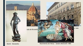 Palacio Medicci Riccardi – Michelozzo 1444
Santa María del Fiore – Cúpula de Brunelleschi
Nacimiento de Venus – Sandro Botticelli 1484
David - Donatello
 