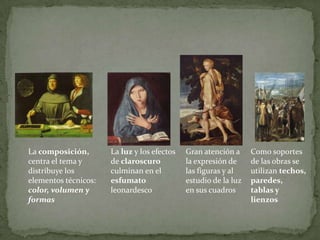 Como soportes de las obras se utilizan techos, paredes, tablas y lienzosLa composición, centra el tema y distribuye los elementos técnicos: color, volumen y formasLa luz y los efectos de claroscuro culminan en el esfumatoleonardescoGran atención a la expresión de las figuras y al estudio de la luz en sus cuadros