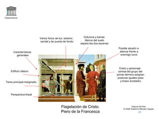 Claseshistoria




                            Varios focos de luz: exterior,     Columna y banda
                            cenital y de puerta de fondo        blanca del suelo
                                                             separa las dos escenas
                                                                                       Posible alusión a
         Características                                                                alianza frente a
           generales                                                                    enemigo turco




                                                                                        Cristo y personaje
      Edificio clásico                                                                 central del grupo del
                                                                                      primer término adoptan
                                                                                       posturas iguales (pies
 Tema principal marginado                                                                y brazo acodado)




      Perspectiva lineal



                                               Flagelación de Cristo.                              Historia del Arte
                                                                                           © 2006 Guillermo Méndez Zapata
                                               Piero de la Francesca
 