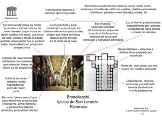Elementos arquitectónicos clásicos: arcos medio punto,
                                     Estructurada respecto a       casetones, bóvedas de cañón en capillas, pilastras acanaladas
                                     distintos ejes ortogonales           corintias en paredes naves laterales, óculos, etc

   Claseshistoria

                                                                               Eje en altura:              Luz uniforme, proporcionada
   Eje transversal: Arcos de medio       Eje longitudinal y axial                                           especialmente por grandes
    punto dan a tramos cúbicos de     (simetría).Es el principal, los        Columnas corintias
                                                                         de fuste liso en arquerías         ventanales de nave central
    nave lateralen cuyos muros se distintos elementos estructurales                                             y óculos de laterales
 abren capillas con arcos. Los arcos dirigen sus líneas de fuerza         trozo de entablamento y
  de nave central y los de la capilla    hacia el punto de fuga            arranque de arcos que
guardan una relación 5 a 3, es decir     en el fondo de la nave       conducen a estructura adintelada
 están desarrollados en proporción
            perspectívica
                                                                                                   Naves laterales y cabecera a
                                                                                                    distinta altura separada por
                                                                                                              escalinata
  Cubierta de navel central
  adintelada con casetones
   que potencian líneas de                                                                           Planta de cruz latina, con tres
  fuerza de eje longitudinal                                                                          naves con capillas adosadas


   Cubierta de naves
    laterales vaídas                                                                                     Organización racional,
     separadas por                                                                                       armoniosa y equilibrada
    arcos de medio                                                                                         basada en el módulo
          punto                                                                                             y en la perspectiva

 Bicromía: “pietra serena” gris                      Brunelleschi.
 para elementos estructurales
 (representa primer término)
                                               Iglesia de San Lorenzo.
     y paramentos blancos                              Florencia                                                 Historia del Arte
(simboliza profundidad infinito)                                                                         © 2006 Guillermo Méndez Zapata
 