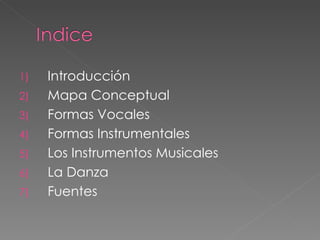 Introducción Mapa Conceptual Formas Vocales Formas Instrumentales Los Instrumentos Musicales La Danza Fuentes