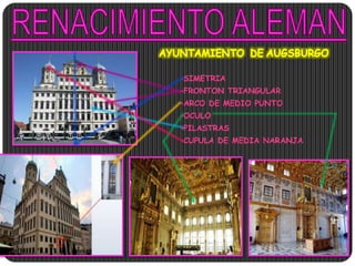 •SIMETRIA
•FRONTON TRIANGULAR
•ARCO DE MEDIO PUNTO
•OCULO
•PILASTRAS
•CUPULA DE MEDIA NARANJA
 