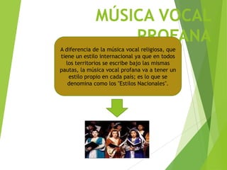 MÚSICA VOCAL
PROFANA
A diferencia de la música vocal religiosa, que
tiene un estilo internacional ya que en todos
los territorios se escribe bajo las mismas
pautas, la música vocal profana va a tener un
estilo propio en cada país; es lo que se
denomina como los "Estilos Nacionales".

 