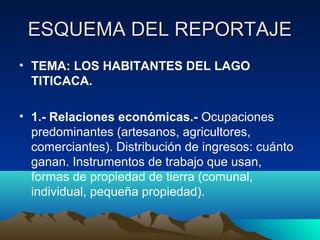 ESQUEMA DEL REPORTAJE
• TEMA: LOS HABITANTES DEL LAGO
  TITICACA.

• 1.- Relaciones económicas.- Ocupaciones
  predominantes (artesanos, agricultores,
  comerciantes). Distribución de ingresos: cuánto
  ganan. Instrumentos de trabajo que usan,
  formas de propiedad de tierra (comunal,
  individual, pequeña propiedad).
 
