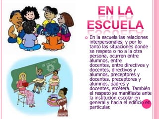 

En la escuela las relaciones
interpersonales, y por lo
tanto las situaciones donde
se respeta o no a la otra
persona, ocurren entre
alumnos, entre
docentes, entre directivos y
docentes, directivos y
alumnos, preceptores y
docentes, preceptores y
alumnos, padres y
docentes, etcétera. También
el respeto se manifiesta ante
la institución escolar en
general y hacia el edificio en
particular.

 