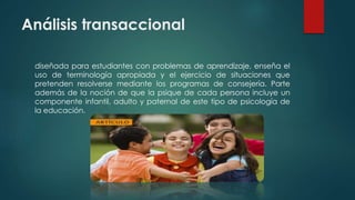 Análisis transaccional
diseñada para estudiantes con problemas de aprendizaje, enseña el
uso de terminología apropiada y el ejercicio de situaciones que
pretenden resolverse mediante los programas de consejería. Parte
además de la noción de que la psique de cada persona incluye un
componente infantil, adulto y paternal de este tipo de psicología de
la educación.
 