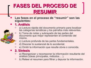 FASES DEL PROCESO DE RESUMIR Las fases en el proceso de “resumir” son las siguientes: 1. Análisis   a) Lectura rápida del documento primario para localizar las categorías temáticas y los párrafos más relevantes.  b) Toma de notas y subrayado de las partes del documento que mejor representen el contenido del mismo.  c) Lectura profunda de las partes fundamentales.  d) Disociar lo sustancial de lo accidental.  e) Omitir la información que resulte obvia o conocida.  2. Síntesis   a) Reorganizar y recomponer la información resultante del análisis (ideas principales, métodos… ).  b) Releer el resumen para filtrar y depurar la información.  