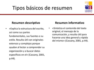 Tipos básicos de resumen
• «Explica la estructura del escrito,
así como sus partes
fundamentales, sus fuentes o su
estilo. Resulta útil con originales
extensos y complejos porque
ayudan al lector a comprender su
organización y a buscar datos
específicos en el» (Cassany, 2001,
p.44).
• «Sintetiza el contenido del texto
original, el mensaje de la
comunicación, y resulta útil para
hacerse una idea general y rápida
del mismo» (Cassany, 2001, p.44).
Resumen descriptivo Resumen informativo
 