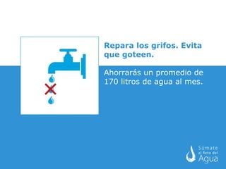 Repara los grifos. Evita que goteen. Ahorrarás un promedio de 170 litros de agua al mes. 