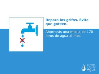 Repara los grifos. Evita que goteen. Ahorrarás una media de 170 litros de agua al mes.