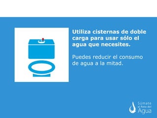 Utiliza cisternas de doble carga para usar sólo el agua que necesites. Puedes reducir el consumo de agua a la mitad.