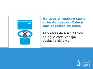 No uses el inodoro como cubo de basura. Coloca una papelera de aseo. Ahorrarás de 6 a 12 litros de agua cada vez que vacíes la cisterna.