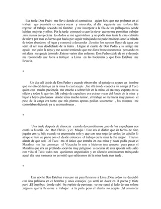 Esa tarde Don Pedro me llevo donde el contratista quien hizo que me probaran en el
trabajo que consistía en separa rocas y minerales, al día siguiente una mañana fría
regrese al trabajo llevando mi fiambre y me incorpore a la fila de los pallaqueros donde
habían mujeres y niños. Por la tarde comenzó a caer la nieve que no me permitían trabajar
,mis manos enrojecidas los dedos se me agarrotaban y no podía mas tenia la cara cubierta
de nieve por mas esfuerzo que hacia por seguir trabajando no pude entonces ante la mirada
de todos abandone el lugar y comencé a descender ,llevaba los zapatos llenos de agua ,me
sentí el ser mas desdichado de la tierra . Llegue al cuarto de Don Pedro y su amigo me
ayudo me quite la ropa y me acosté temiendo que me diera bronconeumonía pensando en
mi aldea me quede dormido .Estuve varios días enfermo. Don Pedro cuido de mi y después
me recomendó que fuera a trabajar a Lima en las haciendas y que Don Esteban me
llevaría.
*
Un día salí detrás de Don Pedro y cuando observaba el paisaje se acerco un hombre
que me ofreció trabajo en la mina lo cual acepte ,fue allí donde conocí a mi amigo el Tuco
quien con mucha paciencia me enseño a sobrevivir en la mina ,el era muy experto en su
oficio y todos lo querían .Mi trabajo de capachero era extraer rocas del fondo de la mina y
bajar a hoyos profundos donde tenia mucho temor , el trabajo se me hacia muy penoso el
peso de la carga era tanto que mis piernas apenas podían sostenerse , los mineros me
consolaban diciendo ya te acostumbraras .
*
Una tarde después de almorzar cuando descansábamos ,uno de los capacheros nos
contó la historia de Don Flavio y el Muqui : Este era el diablo que en forma de niño
jugaba con su hijo cuando se encontraba solo y que con una soga de cerdas de caballo lo
atrapo e hizo un pacto con el ,desde entonces el trabajo en la mina le fue mejor . Hacían
alarde de que solo el Tuco era el único que entraba en esa mina y hasta podía pasar el
Matalma sin luz ,entonces el Vizcacha lo reto e hicieron una apuesta para pasar el
Matalma que era un profundo socavón muy peligroso a oscuras de esta apuesta solo salio
con vida el Tuco todos nos quedamos angustiados y en silencio continuamos trabajando
aquel día una tormenta no permitió que saliéramos de la mina hasta mas tarde .
*
Una noche Don Esteban vino por mi para llevarme a Lima ,Don pedro me despidió
con una palmada en el hombro y unos consejos ,yo sentí un dolor en el pecho y triste
partí .El ómnibus donde subí iba repleto de personas yo me senté al lado de una señora
,alguien quería llevarme a trabajar a la paila pero el chofer no acepto .Al amanecer
 
