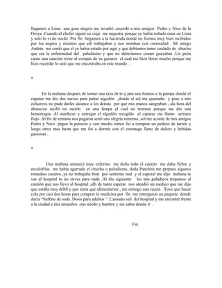 llegamos a Lima una gran alegría me invadió ,recordé a mis amigos Pedro y Nico de la
Oroya .Cuando el chofer siguió su viaje me angustie porque yo había soñado estar en Lima
y solo lo vi de noche .Por fin llegamos a la hacienda donde no fuimos muy bien recibidos
por los negros y mulatos que allí trabajaban y nos miraban con curiosidad . Mi amigo
Andrés me contó que el ya había estado por aquí y que debíamos tener cuidado de chucho
que era la enfermedad del paludismo y que no deberíamos comer guayabas .Un peón
canto una canción triste al compás de su guitarra el cual me hizo llorar mucho porque me
hizo recordar lo solo que me encontraba en este mundo .
*
En la mañana después de tomar una taza de te y pan nos fuimos a la pampa donde el
capataz me dio dos surcos para pañar algodón ,donde el sol me quemaba y pese a mis
esfuerzos no pude darles alcance a los demás por que mis manos sangraban , ala hora del
almuerzo recibí mi ración en una lampa el cual no termine porque me dio una
hemorragia .Al atardecer y entregar el algodón recogido el capataz me llamo serrano
flojo .Al fin de semana nos pagaron sentí una alegría inmensa ,sol me acorde de mis amigos
Pedro y Nico pague la pensión y con mucho temor fui a comprar un pedazo de turrón y
luego otros mas hasta que me fui a dormir con el estomago lleno de dulces y bebidas
gaseosas .
*
Una mañana amanecí muy enfermo me dolía todo el cuerpo me daba fiebre y
escalofríos me había agarrado el chucho o paludismo, doña Panchita me preparo algunos
remedios caseros ,ya no trabajaba bien por sentirme mal y el caporal me dijo mañana te
vas al hospital tu no sirves para nada .Al día siguiente los tres palúdicos trepamos al
camión que nos llevo al hospital ,allí de tanto esperar nos atendió un medico que me dijo
que estaba muy débil y que tenia que alimentarme , me entrego una receta .Tuve que hacer
cola por casi dos horas para comprar la medicina por fin me entregaron un paquete donde
decía “Sulfato de soda .Dosis para adultos “ .Cansado salí del hospital y me encontré frente
a la ciudad e mis ensueños con miedo y hambre y sin saber donde ir .
Fin.
 