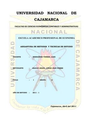 -411480249555UNIVERSIDAD   NACIONAL   DE  CAJAMARCA<br />FACULTAD DE CIENCIAS ECONÓMICAS CONTABLES Y ADMINISTRATIVAS<br />ESCUELA ACADEMICO PROFESIONAL DE ECONOMIA<br />ASIGANTURA DE METODOS  Y TECNICAS DE ESTUDIO<br />DOCENTE:      HERNANDEZ TORRES, ALEX<br />ESTUDIANTE           :     ARAUJO ARANA, JORGE JEAN PIERRE<br />CICLO:       I GRUPO:¨A¨<br />AÑO DE ESTUDIO    :      2011 - 1 <br />Cajamarca, Abril del 2011 <br />ESTRUCTURA DE LA OBRA<br />Titulo: El Retrato de Dorian Gray<br />Género: Narrativo<br />Espécie: Novela Gótica<br />Autor: Oscar Wilde<br />BIOGRAFIA DEL AUTOR<br />15240229235Nació el 16 de octubre de 1854, en Dublín. Hijo de un célebre cirujano irlandés y de una madre escritora. Cursó estudios en el Trinity College de esa ciudad. En su juventud participó en las reuniones literarias que organizaba su madre. Como estudiante en la Universidad de Oxford, destacó en el estudio de los clásicos y escribió poesía; su extenso poema Ravenna ganó el prestigioso premio Newdigate en 1878. Discípulo de Walter Pater y muy influenciado por el pintor Whistler, en 1891 publicó una serie de ensayos (Intenciones) que dieron pie a que se le considerase uno de los máximos representantes del esteticismo, cuyos aspectos más deslumbrantes y exquisitos puso de manifiesto tanto en su obra como en su vida. Oscar Wilde siempre hizo gala de un carácter excéntrico, llevaba el pelo largo y vestía pantalones de montar de terciopelo. Su habitación estaba repleta de objetos de arte y elementos decorativos, como girasoles, plumas de pavo real y porcelanas chinas. Sus actitudes y modales fueron repetidamente ridiculizados en la publicación satírica Punch y en la ópera cómica de Gilbert y Sullivan Paciencia. Su primer libro fue Poemas (1881), y su primera obra teatral, Vera o los nihilistas (1882). Se estableció en Londres y, en 1884, contrajo matrimonio con una mujer irlandesa muy rica, Constance Lloyd, con la que tuvo dos hijos. Desde entonces, se dedicó exclusivamente a la literatura. Wilde quiso hacer de su vida un auténtica obra de arte, fiel a los planteamientos del estetismo finisecular y recogiendo la sensibilidad finamente decadentista de los prerrafaelistas; de ahí su comentario a André Gide: quot;
He puesto todo mi genio en mi vida, y en mis obras sólo he puesto mi talentoquot;
. Logró así centrar la atención en su carácter extravagante y provocador, en el ingenio de sus conversaciones y en una amoralidad de la que hizo bandera en el conocido episodio final de su proceso y encarcelamiento por homosexualidad. <br />En 1895, en la cima de su carrera, se convirtió en la figura central del más sonado proceso judicial del siglo. Wilde, que había mantenido una íntima amistad con lord Alfred Douglas, fue acusado por el padre de éste, el marqués de Queensberry, de sodomía. Se le declaró culpable en el juicio, celebrado en mayo de 1895, y, condenado a dos años de trabajos forzados; salió de la prisión arruinado material y espiritualmente. Pasó el resto de su vida en París, bajo el nombre falso de Sebastian Melmoth. Se convirtió al catolicismo el 30 de noviembre de 1900, poco antes de morir de meningitis.<br />OBRAS<br />Prosa<br />El retrato de Dorian Gray(su única novela; 1891)<br />El crimen de lord Arthur Saville y otras historias (1891): <br />El crimen de lord Arthur Saville<br />El fantasma de Canterville<br />La esfinge sin secreto<br />El modelo millonario<br />El retrato del Sr. W. H.<br />De profundis (1905)<br />Teleny o El reverso de la medalla (1893); atribuido a él, aunque fue más un esfuerzo conjunto de varios amigos suyos que él pudo haber editado.<br />Cuentos<br />El príncipe feliz y otros cuentos (1888): <br />El príncipe feliz<br />El ruiseñor y la rosa<br />El Fantasma de Canterville<br />El gigante egoísta<br />El amigo fiel<br />El famoso cohete<br />Una casa de granadas (1892): <br />El joven rey<br />El cumpleaños de la infanta<br />El pescador y su alma<br />El niño estrella<br />Ensayos<br />Intenciones (1891): <br />La decadencia de la mentira<br />Pluma, lápiz y veneno<br />El crítico artista<br />La verdad sobre las máscaras<br />El alma del hombre bajo el socialismo (1891–1904)<br />Frases y filosofías para uso de la juventud (1894)<br />Algunas máximas para la instrucción de los súper-educados (1894)<br />Poemas<br />Ravenna (1878)<br />Poemas en prosa (1881)<br />La esfinge (1894)<br />Balada de la Cárcel de Reading (1898)<br />Obras de teatro<br />Vera o los nihilistas (1880)<br />La duquesa de Padua (1883)<br />El abanico de Lady Windermere (1892)<br />Una mujer sin importancia (1893)<br />Salomé (1894)<br />Un marido ideal (1895)<br />La importancia de llamarse Ernesto (1895)<br />PERSONAJES DE LA OBRA<br />Dorian Gray.- Apuesto joven gentil, de ojos azules, cabello rizado y dorado.<br />Basil Hallward.- Pintor extraordinario, hombre bueno  preocupado por la reputación de las personas y es quien pinta el retrato de Dorian Gray.<br />Lord Henry Wotton.- Hombre perverso, inmoral y no le preocupa el dolor de los demás.<br />Lady Ágata.-  Tía de lord Henry y amiga de Dorian Gray.<br />Margarita Deverux.- Mamá de Dorian.<br />Lord Kelso.- Abuelo de Dorian.<br />Lord Jorge Fermor.- Tío de lord Henry quien le cuenta la historia familiar de Dorian Gray.<br />Duquesa de Harley.-  Amiga de lord Henry, dama de magnífico carácter y maravilloso temperamento.<br />Tomas Burson.- Miembro radical del Parlamento.<br />Erkin de Treadley.-  Viejo caballero, culto que siempre guardaba silencio.<br />Vandeleur.- Antigua amiga de la tía de lord Henry, era una santa pero muy desaliñada.<br />Lord Faudel.- Un hombre de edad media, medio inteligente, pero muy pelado.<br />Sibila Vane.- Actriz de teatro muy hermosa que se enamoró de Dorian Gray.<br />Jaime Vane.- Hermano de Sibila Vane.<br />Alan Campbell.- Químico extraordinario, víctima de Dorian Gray.<br />Lady Nearborough.- Dama inteligente, esposa de un embajador.<br />ARGUMENTO<br /> Todo empieza así: Basil se encuentra platicando con Lord Henry en su casa y admirando lo que él llama su obra maestra, el retrato de Dorian Gray y le confiesa la idolatría que siente por la belleza de este adolescente, aunque al principio nunca quiso confesarlo. Ellos se encontraban en el jardín y entonces aparece el mayordomo de Basil diciéndole que el joven Dorian lo estaba esperando en la sala. Basil sentía gran temor por que Dorian y Henry se conociesen ya que pensaba que este ultimo ejercería una mala influencia en el apuesto joven y por cierto que acertó.<br />Lord Henry conoce a Dorian Gray y a través de la plática casualmente ambos conocen a la tía Ágata,(tía de Henry) ésta visita resulta ser positiva ya que para Dorian, Basil es muy aburrido porque no le gusta conversar cuando está pintando, el dice que cuando pinta no habla ni escucha nada. Lord Henry conversa con Dorian de cosas que le sorprenden, de las que él no había reflexionado, como la importancia de los sentidos, del alma y la juventud de la que éste goza, le dice que la juventud no es eterna y que debe aprovecharla, cosa que para Dorian era hasta ese momento ignorada y tomada sin importancia.<br />Henry averigua más sobre Dorian y descubre que su tío Jorge conoce a la familia de éste, su mamá, Margarita Devereux, e hija de Lord Kelso. <br /> Margarita Devereux se enamoró de un hombre pobre, al cual Lord Kelso se dice mandó matar y por esta razón a pesar de que ella vivía en casa de su papá, jamás volvió a hablarle.  Con esta información Lord Henry se dio cuenta de lo que podía llegar a hacer con Dorian, a quien llamó “Hijo del amor y la muerte”. <br />Lord Henry tenía una cita con su tía Ágata a la cual también asistirían Dorian y amigos de su tía.  Estos se reunían para discutir sobre la forma tan particular de cada uno, de cómo veían la vida de los americanos.  Cuando Lord Henry les dio un largo contexto de  que los seres humanos nos olvidamos de sonreír y nos preocupamos demasiado por cosas superficiales, como “el ¿qué dirán?”, todos los invitados prestaron gran atención y al terminar de hablar le mostraron lo encantados que estuvieron con su maravillosa conversación y enseñanza que obtuvieron.<br /> Un mes después Dorian le confiesa a Lord Henry y a Basil estar enamorado de una actriz Sibila Vane, la cual conoce en un teatro, él dice que ella lo nombra “Príncipe Encantado”, los convence para que vayan a ver a su amada al teatro.<br /> Basil y Lord Henry se quedan pensando en que nuestros más débiles impulsos son aquellos de cuya naturaleza tenemos conciencia y que con frecuencia pensando hacer una experiencia sobre los demás, la hacemos realmente sobre nosotros mismos.<br />Sibila Vane entra a su casa y le dice a su madre que es muy feliz con su “Príncipe Encantado” y ella le advierte que sólo si es rico podrá pensar en matrimonio, a ella no le importan las palabras de su madre, pero entra su hermano Jaime y con voz de disgusto le dice que no va a permitir que nadie la lastime y que si ese “ Príncipe Encantado”  se atreve a hacerlo, lo matará y advierte a su madre que debe cuidar de ella porque él viajará a Australia.<br /> Lord Henry, Basil y Dorian tenían una cita en un hotel, a la que Dorian aún no llegaba y Lord Henry aprovechaba para contarle a Basil que éste se había comprometido en matrimonio con Sibila Vane, a lo que Basil respondió que no estaba de acuerdo porque pensaba que sólo lo buscaba por su fortuna, en ese momento llegó Dorian y les dice que es muy feliz con su amada,  les advierte que todo debe ser un secreto porque él no es mayor de edad y en cuanto lo sea va  a hacer lo que quiera y eso es casarse con Sibila.<br />Llegan al teatro donde actúa Sibila, a Lord Henry le parece un lugar horrible y  critica todo lo que ve, pero Basil le dice que si eso lo hace feliz él lo apoyará, al fin cuando se levanta el telón, los dos amigos se quedan asombrados con la belleza de Sibila, pero los desilusiona su actuación porque era demasiado artificial y sin talento, Lord Henry se levantó y dijo que se fueran, que no aguantaba el escándalo que todo el público estaba haciendo.<br />Dorian no entendía qué le pasaba a Sibila, se repetía que era una actriz vulgar y mediocre, a lo cual Basil le dijo antes de irse que no hablara así de alguien a quien amaba porque el amor es más hermoso que el arte y se fue junto con su amigo.<br /> Al terminar la obra Dorian se dirige a Sibila y le reclama su mala actuación, la humilló, la insultó y cuando ella se quiso acercar a él la despreció, ella le decía que con él había conocido el amor y que se había olvidado de todo hasta de la actuación, pero que no le importaba porque ahora era feliz, Dorian le dice que él se había enamorado del arte que ella desempeñaba, que no quería saber más de ella, pero ella le suplicaba que no la abandone y él sin hacer caso de sus súplicas sale del teatro. <br /> Al día siguiente Dorian despertó y se da cuenta que el cuadro tuvo un cambio, pensó que era el reflejo del pecado de crueldad que había tenido con Sibila, en ese momento le escribió una carta en donde le pedía perdón y le decía que su promesa de matrimonio seguía en píe, pero llegó Lord Henry y le dice que Sibila estaba muerta. Dorian se queda asombrado con la noticia y no sabe qué decir,  Mientras que a Lord Henry le preocupa mucho el escándalo y la reputación de Dorian, le recuerda que tienen un compromiso para ir a la ópera y que es una magnífica idea para que nadie lo relacione con la muerte de esa muchacha.<br />Cuando Dorian se desayunaba llega Basil muy preocupado por el estado de ánimo que podría tener Dorian por la muerte de Sibila, pero Basil se asombró de la frialdad con la que hablaba de ese hecho y le dijo que ya no era el mismo.<br /> Basil le dice que le preocupa la información judicial y le preguntó si alguien sabía su nombre, pero él dijo que ella sólo lo llamaba  “Príncipe Encantado“  y éste se queda tranquilo, Dorian le pide que haga un retrato de Sibila y acepta diciendo que debía ir a posar, a lo cual Dorian se negó rotundamente y Basil dijo entonces que llevaría su retrato a la exposición de Paris, pero Dorian le recordó que él prometió no exponer ese cuadro en ningún lugar y que dejaría que lo llevara con una condición, que le contara su secreto, Basil aceptó condicionándolo también a contestar una pregunta ¿Has notado algún cambio en el retrato? Dorian se asustó y por su expresión supo que ya lo había notado y se sentó a contarle su secreto diciéndole, cuando lo conocí lo idolatré de inmediato pensando que era un sentimiento que los demás juzgarían como pecaminoso y por eso nunca se lo dije, pero que eso ya no importaba que sólo quería llevar el retrato a la exposición, la confesión a Dorian le sorprendió mucho, pero también le preocupó porque él sentía lo mismo por  Henry y le dijo al pintor que le agradecía su confianza, pero que no volvería a posar para él y nunca más nadie volvería a ver el cuadro, que lo iba a cambiar de lugar.<br />Dorian llama a su criado y le pide que envíe a dos hombres para que le ayuden a cambiar de lugar el cuadro, lo subieron tranquilamente a la habitación que Dorian había ocupado cuando era niño, cerró y guardó él la única llave que había de la habitación.<br /> Después regresó y se sentó a leer una información que le mandó Lord Henry que hablaba de la muerte de Sibila, pero se enojó mucho ya que estaba tan paranoico con lo del cuadro que todo lo asustaba y con cualquier cosa se enojaba, tomó otro de los libros que le había mandado Lord Henry, y lo encontró tan interesante porque era de sueños que él había tenido, ahí se revelaban cosas que nunca había pensado, las descubría de una manera muy interesante.<br /> Pasaron los años y ese libro seguía influenciando la vida de Dorian ya que parecía su vida entera antes de que él la viviera. Conforme pasaba el tiempo la gente se asombraba más de Dorian ya que el paso del tiempo no se notaba en él, pero había gente que solía ser su amigo y de repente se apartaban de él sin dar una explicación, pero a él no le importaba eso y seguía con su vida social de siempre.<br /> Al llegar a su casa fue a ver el cuadro y descubrió que éste había envejecido y que él no tenía ni una sola arruga como algún día él había deseado y que ahora no lo hacía sentir tan bien como se lo imaginaba, pero decidió seguir con su vida y empezó a buscar diferentes actividades como internarse en la religión católica, en la música, hizo grandes fiestas, se metió al mundo de las joyas, a los bordados y tapices, así fue pasando de un lugar a otro teniendo especial influencia entre los jóvenes a lo que él sentía cierto temor.<br /> Dorian ya casi tenía treinta y ocho años cuando un día saliendo de la casa de Lord Henry encontró a Basil y éste le dijo que tenía que hablar con él antes de irse de viaje a París, entraron a la casa de Dorian y Basil le preguntó, qué pasaba con él, porque todos los jóvenes que se acercaban a él terminaban en muy malas condiciones o terminaban suicidándose, a lo que Dorian contestó: porque conozco todo cuanto se refiere a sus vidas, pero no porque ellos sepan mucho de la mía, al descubrirles y demostrarles que son muy hipócritas, ellos se ofenden y por eso me repudian porque yo sé hasta su pecado más secreto, Basil le dijo que debería conocer su alma y que no debería juzgar a los demás porque él también tenía cosas que no eran tan buenas, Dorian se levantó y le dijo que en ese momento le iba a enseñar su alma.<br /> Subieron a la habitación donde Dorian escondía el cuadro que había hecho Basil y cuando éste miró el cuadro casi se desmaya de la impresión, pero trata de justificar el por qué se veía así diciendo que tal vez por la humedad y el moho, mientras repentinamente Dorian se llenaba de odio hacia Basil sintiendo que el retrato le decía al oído que lo matara y Dorian lo mata haciéndole un agujero en el cuello, inmediatamente se va de allí sin que nadie se dé cuenta, salió a la calle y toca la puerta para que el criado le abra,  y no lo relacionen con la muerte de Basil.<br />A la mañana siguiente Dorian se despertó muy tranquilo y sin ningún remordimiento, mientras se desayunaba busca en una agenda el nombre de Alan Campbell y cuando lo encontró, manda a su criado a buscarlo, le mandó una carta pensando que era la persona que podía ayudarle a deshacerse del cuerpo de Basil ya que éste era un gran químico y podía inventar una sustancia, el criado se fue en busca de Alan y de inmediato regresaron, cuando Dorian lo vio le contó que había un muerto en la habitación de arriba y que lo mandó llamar porque necesitaba que le ayudara a deshacerse de él, en un principio éste se negó, pero Dorian lo amenazó y como éste sabía cosas de la vida de Alan a él no le quedó otra que aceptar.  Dorian le dijo al criado que se fuera, que tenía toda la tarde para él y Alan subió a hacer el trabajo, éste bajó pálido pero tranquilo y dijo a Dorian, ya hice lo que me pidió y espero que no  volvamos a vernos nunca, Dorian subió a ver la habitación y ya no estaba el cuerpo sólo había un horrible olor a ácido nítrico.<br />A las ocho y media de la noche Dorian ya estaba en el salón de Lady Narborough una amiga, y nadie se imaginaba lo que acababa de pasar, él instantáneamente experimentó el terrible placer de una doble vida y se sentía muy mal, cuando de repente ve entrar a Lord Henry  siente un gran consuelo, cuando éste va a donde está Dorian lo ve muy desmejorado y le pregunta que si tiene algún problema y Lady Nearborough contesta es que Dorian está enamorado, éste rechaza no haberse enamorado desde que Madame Ferrol. Cuando sonaron las doce campanadas Dorian subió a un coche y dio al cochero una dirección.<br />Tumbado en el coche Dorian miraba la sórdida vergüenza de la ciudad repitiendo interiormente las palabras que le dijo Lord Henry el día que se conocieron, “Curar el alma por medio de los sentidos, y los sentidos por medio del alma”. Su alma en verdad estaba mortalmente enferma, había derramado sangre inocente, pero aunque el perdón fuera imposible, posible era aún el olvido y él estaba decidido a olvidar.<br />Dorian se estremeció y rápidamente se dirigió al muelle, al cabo de unos minutos llegó a una casita miserable, entró sin decir una palabra, unos niños jugaban con unos dados de hueso, dos mujeres mofándose de un viejo que se restregaba las nalgas con una expresión de asco, Dorian miró aterrorizado y empezó a lloriquear. Él estaba prisionero en sus pensamientos y de sus culpas,  parecía ver los ojos de Basil mirándolo, necesitaba escapar de sí mismo y se fue al muelle, allí tomo brandy con Adriano y arrojando dinero pidió a las mujeres que no lo molestaran, al dirigirse a la puerta una horrible risa brotó de la mujer que había cogido el dinero y gritó ¡Ahí va el que hizo el pacto con el diablo!, ¡Maldita! respondió él, le gusta mejor que le digan “Príncipe Encantado”, Dorian apresuraba el paso para salir de allí, pero fue empujado mientras una mano le apretaba la garganta con esfuerzo, soltándose vio a un hombre fornido y enojado era Jaime Vane y preguntó, Dorian ¿qué le he hecho yo?, destrozó la vida de Sibila Vane hace dieciocho años y ella era mi hermana, pero Dorian le dijo que lo llevara a la luz y se iba a dar cuenta de que era imposible que él hubiera conocido a su hermana, al fin lo llevó  a la luz y Jaime Vane se dio cuenta que era muy joven para que hubiese conocido a Sibila, le pide una disculpa y lo dejó ir.<br /> Dorian fue al invernadero de Selby Royal, platicando con la duquesa de Monmouth Lord Henry se acercó a ellos y le preguntó a ella si ya le había platicado Dorian de su proyecto de rebautizar todo, entonces cómo vamos a llamarte Henry le preguntó ella el Príncipe Paradoja dijo Dorian por qué valoras demasiado la belleza, a lo que responde confieso creer que es mejor ser bello que bueno, la fealdad es una de las virtudes capitales, nuestro anfitrión fue bautizado como el “Príncipe Encantado”, no me recuerde usted eso por favor exclamó Dorian, déjeme le traigo unas orquídeas, pero apenas había terminado de hacerlo cuando se desmayó al ver en la ventana del invernadero la cara de Jaime Vane vigilándole.<br /> Al día siguiente, Dorian no salió de su casa, tenía un infinito terror a la muerte cuando cerraba los ojos veía la cara del marinero, el horror parecía poner su mano en su corazón, los remordimientos no le permitían vivir. <br /> Imaginaba cosas que no estaba seguro de haberlas visto. Dorian le dijo a Lord Henry que presentía que algo horrible le iba a suceder a alguno de los dos y éste le contestó que lo único horrible era el aburrimiento, Dorian ordenó a su criado que preparara sus cosas para el expreso de la noche a Londres, en eso estaba, cuando tocaron a la puerta y era el guardia mayor, que fue a informarle que sólo sabía de la víctima que era un marinero y Dorian sintió como si su corazón cesara de latir y algo le decía que ese hombre era Jaime Vane y fue a comprobarlo, efectivamente era él, permaneció mirando el cadáver unos minutos y se marchó con los ojos llenos de lágrimas.<br />Lord Henry dice a Dorian que no puede cambiar, que de nada le sirve ser bueno, pero Dorian  le asegura que  esta haciendo cosas buenas para cambiar, como la historia de una mujer que no ha querido perder,  Hetty ella no pertenecía a nuestra clase pero yo la amaba,  durante el mes de mayo solía verla dos o tres veces por semana, y ayer la encontré pero la dejé ir para no hacerle ningún daño como tantas veces he lastimado y degradado a la gente de mi alrededor, es el primer sacrificio de mí mismo que conozco, quiero ser mejor.<br /> La gente todavía discute la desaparición de Basilio dijo Lord Henry y a mí no me interesa lo que él haya decidido de su vida, Dorian le preguntó ¿no se le ha ocurrido que Basil haya sido asesinado?, no sé quien podría tener ese interés, pintaba maravillosamente pero era poco astuto, Dorian lo interrumpió para confesarle que él había asesinado a Basil, Lord Henry sólo comentó todo crimen es vulgar y toda vulgaridad es un crimen y le preguntó por el cuadro que había hecho Basil, él sólo contestó que ya lo había olvidado y que jamás le había gustado, a propósito dijo Lord Henry ¿qué provecho logra el hombre que gana el mundo entero pero pierde su alma?. Por qué me lo pregunta a mí dijo Dorian, porque es la única persona que puede contestarme, Dorian dijo que es una terrible realidad pero que el alma existe y que cada uno de nosotros puede envenenarla o hacerla perfecta.<br /> Lord Henry preguntó a Dorian, que cuál era su secreto para conservarse joven y maravilloso como lo había conocido, me pregunto cuál será el final de su vida, me satisface pensar que la vida ha sido su arte. Sí, mi vida ha sido exquisita pero no voy a seguir la misma vida y ahora si me disculpa quiero acostarme temprano, mañana nos veremos a las once dijo Dorian y se retiró.<br />Cuando iba hacia su casa dos muchachos dijeron al verlo es Dorian Gray. Recordó como le gustaba que la gente hablara de él y en ese momento le cansaba oír su propio nombre.<br /> Cuando llegó a su casa se echó sobre el sofá y sintió un ardiente anhelo por la pureza inmaculada de su adolescencia, como Lord Henry la dominó y la había llenado de vergüenza, recordó el momento de orgullo y de pasión en que pidió que el retrato cargase con el peso de sus días y él conservase el inmaculado esplendor de la juventud, mejor hubiese sido que cada pecado de su vida trajese consigo su segura y rápida pena.<br /> Pensaba en el suicidio de Sibila Vene, Jaime Vane yacía en una tumba sin nombre, Alan Campbell se mató en su laboratorio, la desaparición de Basil y era la muerte en vida de su propia alma la que lo trastornaba, el retrato era el causante de todo y pensó que si éste desaparecía se sentiría mejor, subió a la habitación donde estaba el cuadro, tiró de la cortina que cubría el retrato y un grito de dolor y de indignación se le escapó, miró a su alrededor y vio el cuchillo con el que había matado a Basil, lo tomó y apuñaló el retrato, sólo se oyó un grito tan horrible que los criados salieron rápido a mirar qué pasaba, al subir a la habitación encontraron el cuadro de Dorian en toda la maravilla de su exquisita juventud y de su belleza y en el piso un hombre muerto, en traje de etiqueta, con un cuchillo en el corazón, lleno sangre su cara era repugnante y llena arrugas, hasta que examinaron las sortijas que llevaba supieron que era Dorian Gray que al fin  había liberado su alma del infierno donde la había depositado con el solo fin de conservar la belleza física.<br />