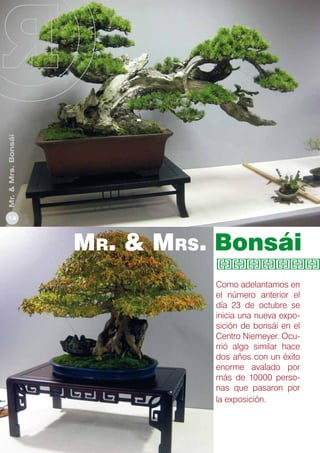 Mr. & Mrs. Bonsái
14

Mr. & Mrs. Bonsái
Como adelantamos en
el número anterior el
día 23 de octubre se
inicia una nueva exposición de bonsái en el
Centro Niemeyer. Ocurrió algo similar hace
dos años con un éxito
enorme avalado por
más de 10000 personas que pasaron por
la exposición.

 