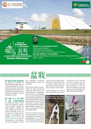Mr. & Mrs. Bonsái
15

El día 23 de octubre

se podrán ver árboles de
coleccionistas regionales, la
mayoría de ellos son miembros del Club de bonsái del
Principado de Asturias y el nivel del material expuesto será
excelente, variado y no va a
defraudar a nadie.

El día 2 y el día
3 de noviembre

la exposición pasa a tener
rango de concurso internacional. Vendrán árboles de
toda España y también de
varios países de Europa, lo
cual va redundar en un mayor nivel en la calidad de los
árboles. La presencia del
maestro Takeo Kawabe y de
David Benavente, en las demostraciones y los talleres,
así como juzgando el nivel

de lo expuesto, contribuirá
definitivamente al éxito del
concurso.
Para el gran público la exposición con todo lo mejor de
Europa ya será motivo suficiente para salir maravillados
de la muestra, sin embargo,
este año va a haber algo más
que animará a la gente a acudir al Centro Niemeyer. Varios
profesionales del mundo del
bonsái van a montar stands
en los que podremos adquirir
herramientas, macetas, bonsáis y complementos hechos
por profesionales.
A todo el mundo se le mueren los bonsáis que compran
en Navidad en comercios no
especializados en bonsái.
Son árboles de bajísimo precio con fecha de caducidad

pero eso no es el bonsái profesional. En esta feria lo que
se vende tendrá todas las
garantías de salud, longevidad, calidad y autenticidad.
Recomendamos la visita a
este exposición como even-

to de primer nivel y creemos
que las `personas que vayan a la visita van a sentirse
muy contentos y verán árboles maravillosos y podrán
adquirir un primer regalo de
Reyes Magos adelantado.

 