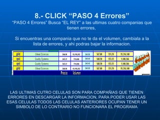 7.- CLICK “PASO 4” “PASO 4” Busca “EL REY” Cuando el “ Precio Actual ” y “ Volumen Actual ” cambian a verde es cuando puedes considerar la compra. 