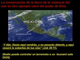 La conservación de la tierra de la violencia del
mar es otro ejemplo claro del poder de Dios.
“Y dije: Hasta aquí vendrás, y no pasarás delante, y aquí
cesará la soberbia de tus olas” (Job 38:11).
(Nadie puede controlar un terremoto o un tsunami solo
DIOS)
 