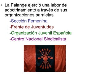 La Falange ejerció una labor de adoctrinamiento a través de sus organizaciones paralelas -Sección Femenina -Frente de Juventudes -Organización Juvenil Española -Centro Nacional Sindicalista 