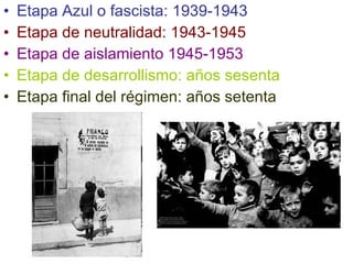 Etapa Azul o fascista: 1939-1943 Etapa de neutralidad: 1943-1945 Etapa de aislamiento 1945-1953 Etapa de desarrollismo: años sesenta Etapa final del régimen: años setenta 