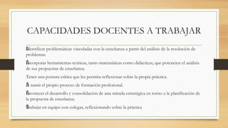 CAPACIDADES DOCENTES A TRABAJAR
ŠŠIdentificar problemáticas vinculadas con la enseñanza a partir del análisis de la resolución de
problemas.
ŠŠIncorporar herramientas teóricas, tanto matemáticas como didácticas, que potencien el análisis
de sus propuestas de enseñanza.
Tener una postura crítica que les permita reflexionar sobre la propia práctica.
ŠA sumir el propio proceso de formación profesional.
ŠŠFavorecer el desarrollo y consolidación de una mirada estratégica en torno a la planificación de
la propuesta de enseñanza.
ŠŠTrabajar en equipo con colegas, reflexionando sobre la práctica
 