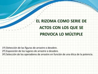 EL RIZOMA COMO SERIE DE
ACTOS CON LOS QUE SE
PROVOCA LO MÚLTIPLE
1º) Detección de las figuras de arrastre o desobre.
2º) Exposición de los lugares de arrastre o desobre.
3º) Selección de los operadores de arrastre en función de una ética de la potencia.
 
