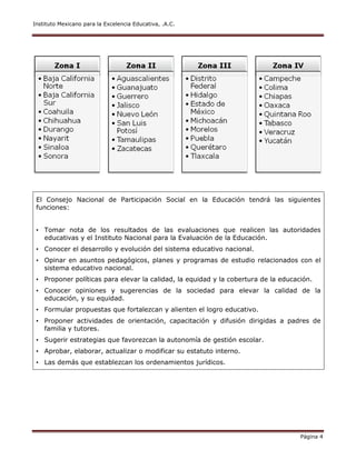 Instituto Mexicano para la Excelencia Educativa, .A.C.
Página 4
El Consejo Nacional de Participación Social en la Educación tendrá las siguientes
funciones:
• Tomar nota de los resultados de las evaluaciones que realicen las autoridades
educativas y el Instituto Nacional para la Evaluación de la Educación.
• Conocer el desarrollo y evolución del sistema educativo nacional.
• Opinar en asuntos pedagógicos, planes y programas de estudio relacionados con el
sistema educativo nacional.
• Proponer políticas para elevar la calidad, la equidad y la cobertura de la educación.
• Conocer opiniones y sugerencias de la sociedad para elevar la calidad de la
educación, y su equidad.
• Formular propuestas que fortalezcan y alienten el logro educativo.
• Proponer actividades de orientación, capacitación y difusión dirigidas a padres de
familia y tutores.
• Sugerir estrategias que favorezcan la autonomía de gestión escolar.
• Aprobar, elaborar, actualizar o modificar su estatuto interno.
• Las demás que establezcan los ordenamientos jurídicos.
 
