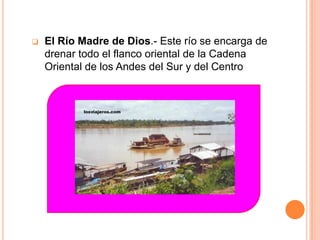    El Río Madre de Dios.- Este río se encarga de
    drenar todo el flanco oriental de la Cadena
    Oriental de los Andes del Sur y del Centro
 