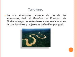 TOPONIMIA
   La voz Amazonas proviene de río de las
    Amazonas, dado al Marañón por Francisco de
    Orellana luego de enfrentarse a una etnia local en
    la cual hombres y mujeres se defendían por igual.
 