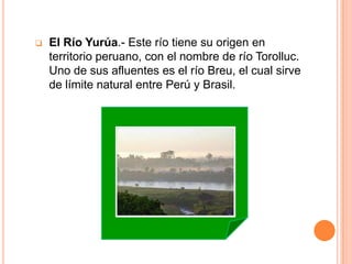   El Río Yurúa.- Este río tiene su origen en
    territorio peruano, con el nombre de río Torolluc.
    Uno de sus afluentes es el río Breu, el cual sirve
    de límite natural entre Perú y Brasil.
 
