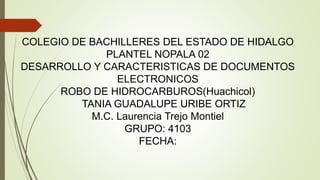 COLEGIO DE BACHILLERES DEL ESTADO DE HIDALGO
PLANTEL NOPALA 02
DESARROLLO Y CARACTERISTICAS DE DOCUMENTOS
ELECTRONICOS
ROBO DE HIDROCARBUROS(Huachicol)
TANIA GUADALUPE URIBE ORTIZ
M.C. Laurencia Trejo Montiel
GRUPO: 4103
FECHA:
 