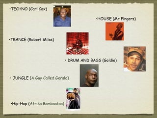 •TECHNO (Carl Cox)

                                            •HOUSE (Mr Fingers)




•TRANCE (Robert Miles)




                              • DRUM AND BASS (Goldie)



• JUNGLE (A Guy Called Gerald)




•Hip-Hop (Afrika Bambaataa)
 
