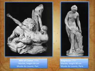 Milo of Croton 1754    Baigneuse 1757
 Marble, height 66 cm   Marble, height 80 cm
Musée du Louvre, Pari   Musée du Louvre, Paris
 