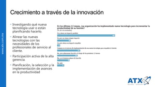 www.atx.com.mx
Crecimiento a través de la innovación
 Investigando qué nueva
tecnología usar o están
planificando hacerlo.
 Alinear las nuevas
tecnologías con las
necesidades de los
profesionales de servicio al
cliente.
 Participación activa de la alta
gerencia.
 Planificación, la selección y la
implementación de avances
en la productividad
 