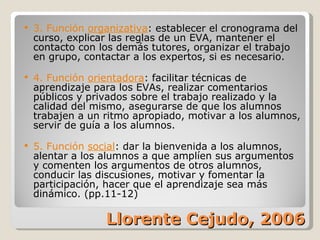 Llorente Cejudo, 2006 3. Función  organizativa : establecer el cronograma del curso, explicar las reglas de un EVA, mantener el contacto con los demás tutores, organizar el trabajo en grupo, contactar a los expertos, si es necesario. 4. Función  orientadora : facilitar técnicas de aprendizaje para los EVAs, realizar comentarios públicos y privados sobre el trabajo realizado y la calidad del mismo, asegurarse de que los alumnos trabajen a un ritmo apropiado, motivar a los alumnos, servir de guía a los alumnos. 5. Función  social : dar la bienvenida a los alumnos, alentar a los alumnos a que amplíen sus argumentos y comenten los argumentos de otros alumnos, conducir las discusiones, motivar y fomentar la participación, hacer que el aprendizaje sea más dinámico. (pp.11-12) 
