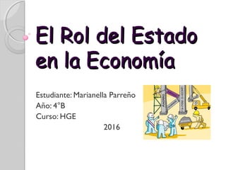 El Rol del EstadoEl Rol del Estado
en la Economíaen la Economía
Estudiante: Marianella Parreño
Año: 4°B
Curso: HGE
2016
 