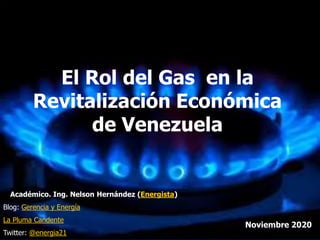 1
El Rol del Gas en la
Revitalización Económica
de Venezuela
Académico. Ing. Nelson Hernández (Energista)
Blog: Gerencia y Energía
La Pluma Candente
Twitter: @energia21
Noviembre 2020
 