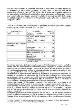 Pág. 21 de 22
que cuando se introduce la dimensión distrital en la auditoria los resultados pueden ser
sorprendentes, y van a favor de apoyar el primer nivel de atención mas que el
equipamiento técnico del hospital.47
Durante un año se realizó una evaluación sistemática
de los resultados de la hospitalización, incluyendo un juicio sobre los factores principales
que podrían haber contribuido a un mejor resultado. En alrededor del 10% de los casos
los médicos juzgaron que habría sido posible un mejor resultado, tal como se muestran en
la siguiente tabla:
Tabla N° 2 Resultado de la hospitalización y condiciones requeridas para obtener mejores
resultados en el Hospital distrital de Kasongo, Zaire
Hospitalizaciones Resultado Número
Total 3.213 Pacientes curados o
mejorados
2.607
No podría haber mejores
resultados
295
Podría haber mejores
resultados
311
Condiciones para mejores
resultados
311
Colaboración de la
comunidad
77
Equipamiento del hospital 36
Mejor organización de la
atención
45
Disponibilidad de
especialistas
36
Condiciones asociadas 25
No determinables 92
La falta de colaboración de la población, la mayor posibilidad aislada para mejorar resultados,
muchas veces fue la imposibilidad de la familia de conseguir sangre para un paciente que requería
una transfusión o administrar líquidos a un lactante con diarrea. Algunos problemas no pudieron
ser manejados adecuadamente por falta de equipos y materiales, los más importantes fueron falta
de oxígeno, corticoides y medios de contraste radiológico.
Los problemas de organización eran atribuibles a cobertura de las guardias con enfermeras, la
vigilancia de los pacientes no era adecuada y el estado de algunos pacientes se agravó sin que el
personal se diera cuenta y adoptara una medida apropiada. Estos tres problemas eran los que, de
resolverse permitirían mejorar el resultado en la mitad de los casos era posibles; se consideró que
podría comenzar a resolverse estos problemas con un mínimo de inversión.
Estableciendo el diálogo con la población local en los CS, por ejemplo sobre rehidratación de los
niños con diarrea; creando un stock de los elementos que se agotan, reorganizar las guardias.
Fue evidente por otra parte que el agregar especialistas habría requerido una inversión adicional
en equipos diversos tales como: resucitación, urología, cirugía torácica, cardiología; y que esta
inversión habría producido un beneficio muy escaso (solo 12 % de los casos eran susceptible de
mejoría por esta vía).
El segundo ejemplo muestra como la presencia de una red de CS puede encaminar hacia el
hospital a pacientes que requieren este tipo de atención; se trata de un estudio que combina datos
hospitalarios con la cobertura de los CS. En este estudio un análisis especial de datos recogidos
47
C. Darras, P.Mercenier:” The Kasongo project, lessons from an experiment in the organization of a primary health care system”
Annals de la Société Belge de Medicine Tropicale, 60, supplement 1,54,1981
 