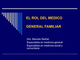 EL ROL DEL MEDICO
GENERAL FAMILIAR

Dra. Marcela Weiher
Especialista en medicina general
Especialista en medicina social y
comunitaria

 