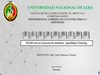 UNIVERSIDAD NACIONAL DE LOJA
FACULTAD DE LA EDUCACIÓN, EL ARTE Y LA
COMUNICACIÓN
DEPENDENCIA: CARRERA DE CULTURA FÍSICA Y
DEPORTES
Rol del tutor en el proceso de enseñanza - aprendizaje e-Learning.
DOCENTE: Mg. José Macao Naula
Loja- Ecuador
2019-2020
 