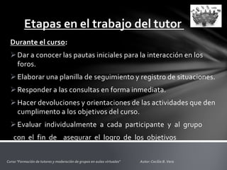 Etapas en el trabajo del tutor
Durante el curso:
Dar a conocer las pautas iniciales para la interacción en los
foros.
Elaborar una planilla de seguimiento y registro de situaciones.
Responder a las consultas en forma inmediata.
Hacer devoluciones y orientaciones de las actividades que den
cumplimento a los objetivos del curso.
Evaluar individualmente a cada participante y al grupo
con el fin de asegurar el logro de los objetivos
 