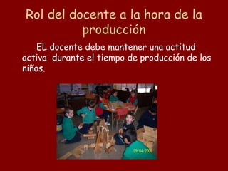 Rol del docente a la hora de la
          producción
    EL docente debe mantener una actitud
activa durante el tiempo de producción de los
niños.
 