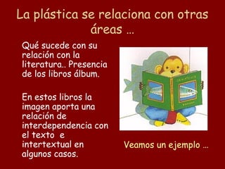 La plástica se relaciona con otras
             áreas …
Qué sucede con su
relación con la
literatura.. Presencia
de los libros álbum.

En estos libros la
imagen aporta una
relación de
interdependencia con
el texto e
intertextual en          Veamos un ejemplo …
algunos casos.
 